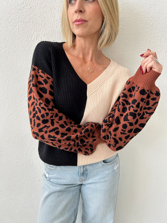 Fooled You Colorblock Leopard Sweater