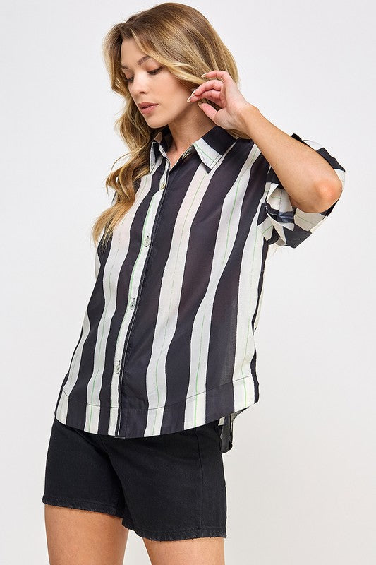 Time Out Striped Button Up Top