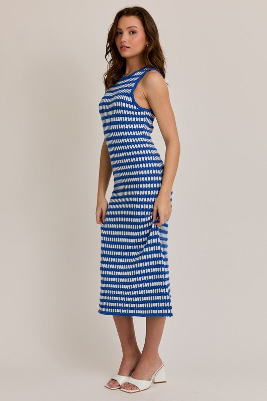 Seaside Round Neck Striped Midi Dress