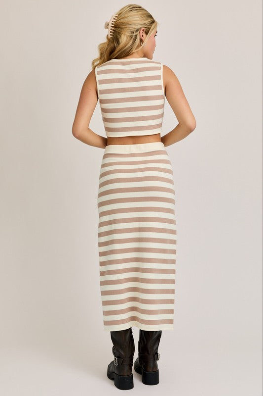 Eva Striped Front Slit Knit Midi Skirt