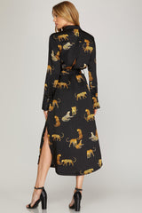 Cheetah Satin Button Up Midi Dress