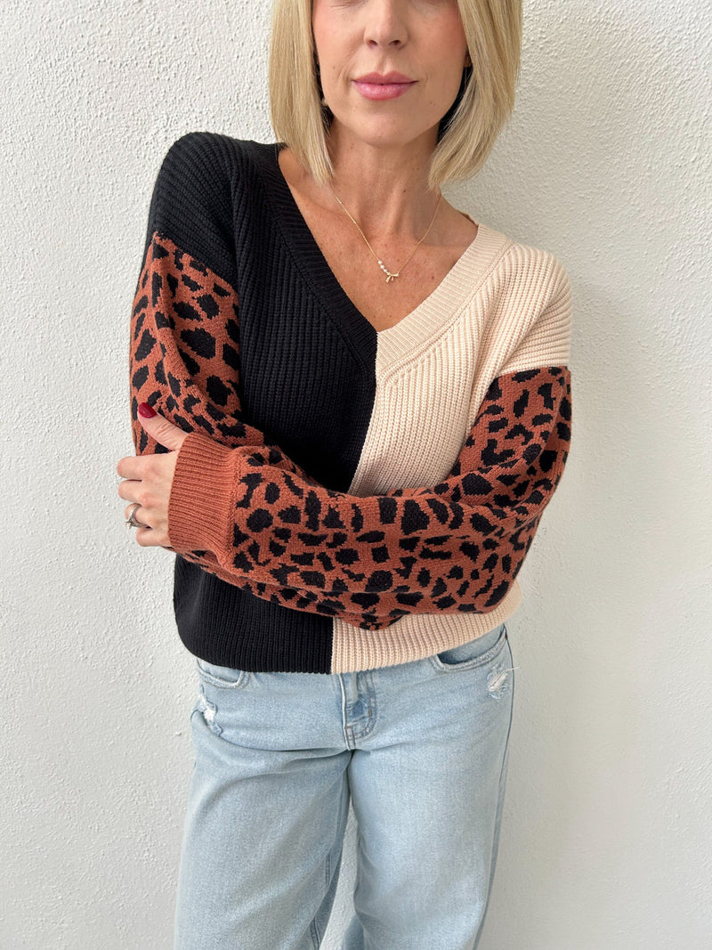 Fooled You Colorblock Leopard Sweater