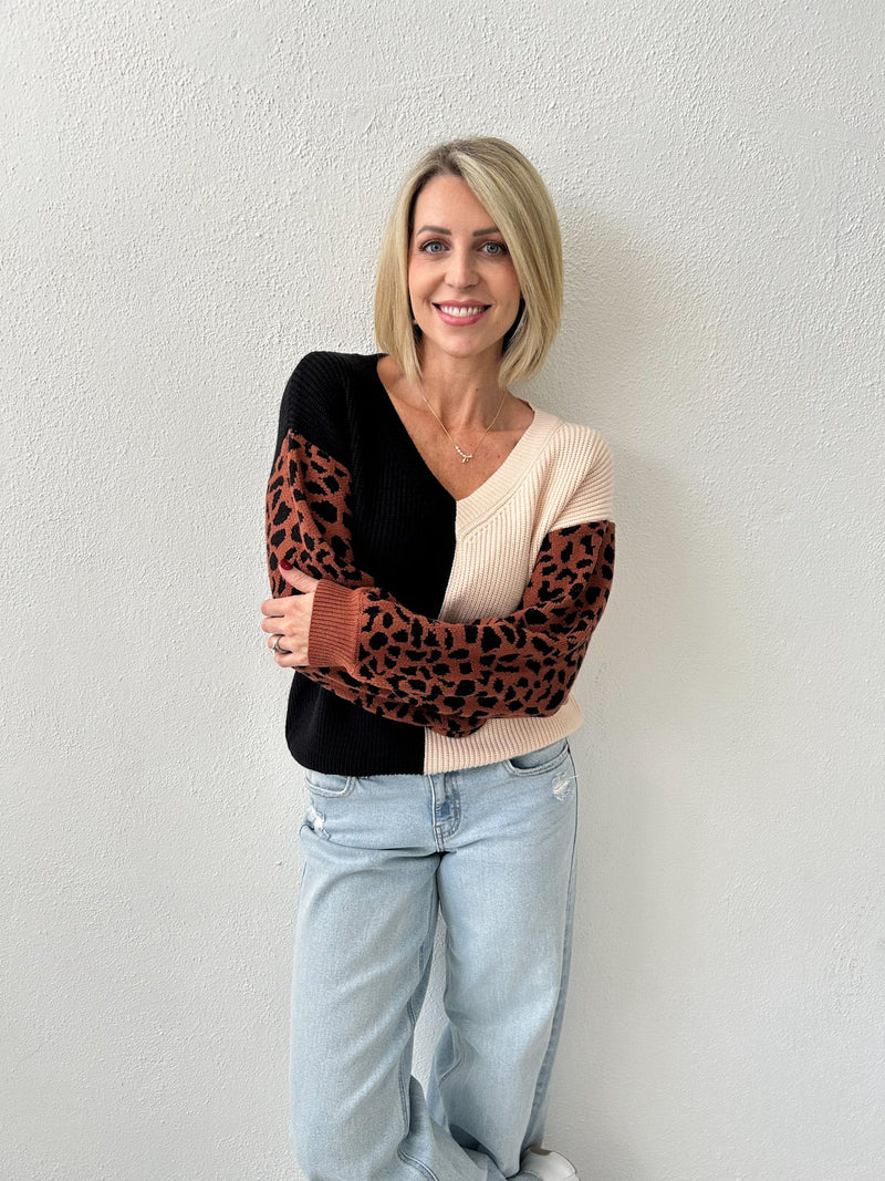 Fooled You Colorblock Leopard Sweater