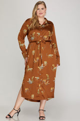 Cheetah Satin Button Up Midi Dress