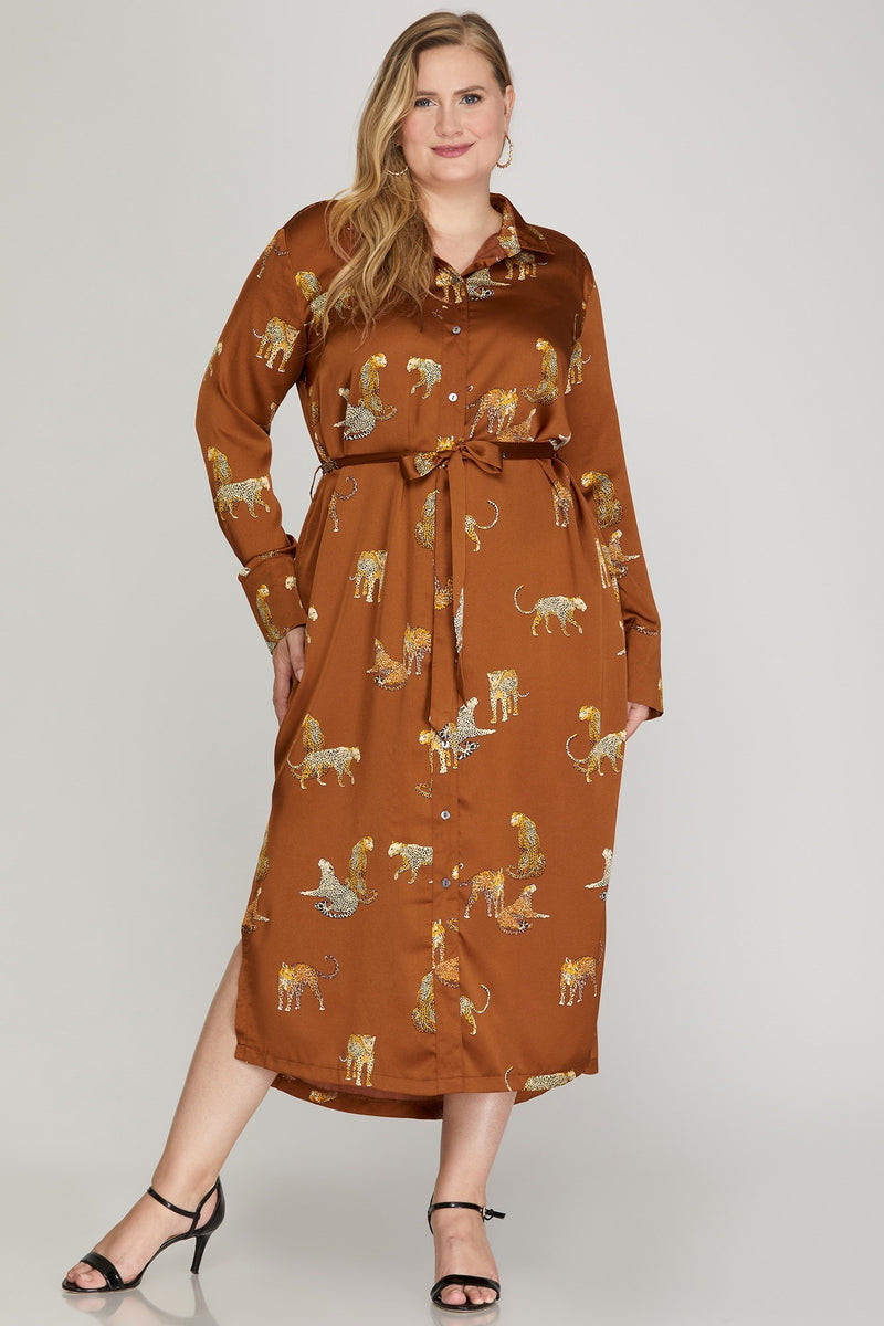 She Sky Cheetah Satin Button Up Midi Dress Toffee XL