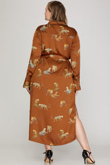 Cheetah Satin Button Up Midi Dress