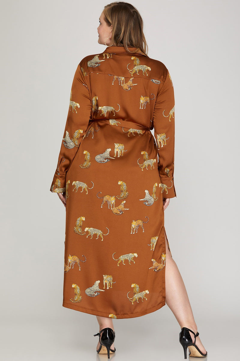 Cheetah Satin Button Up Midi Dress