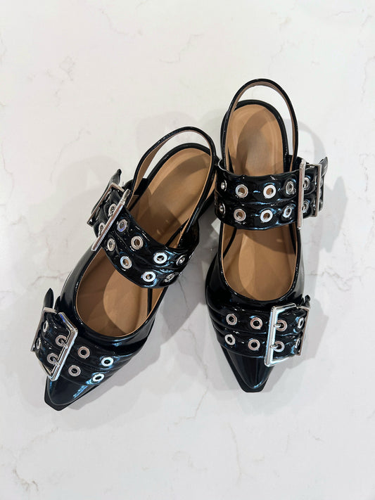 Grillo Black Buckle Slingback Flat