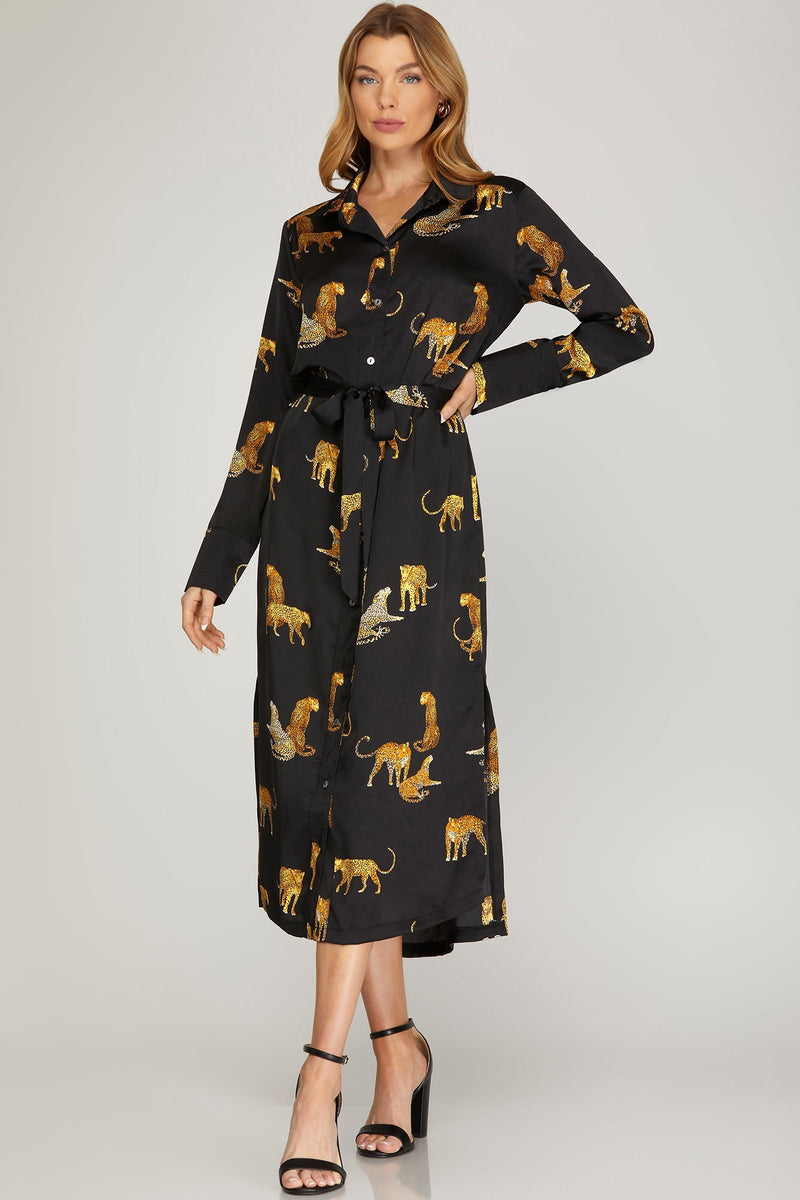 Cheetah Satin Button Up Midi Dress