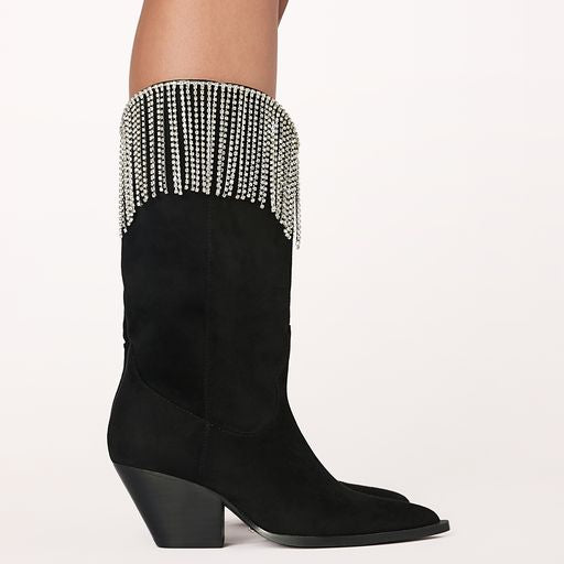 Black suede 2024 fringe boots